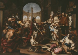 Theodosius Repulsed from the Church by Saint Ambrose, 1700/10. Creator: Alessandro Magnasco.
