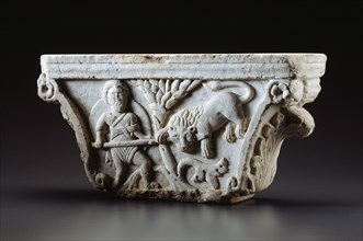 Capital with Man Fighting Lion (A) and Riding Griffin (B), c. 1180. Creator: Unknown.