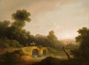 Landscape with Figures Crossing a Bridge, 1790/1800. Creators: John Rathbone, George Morland.
