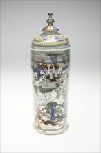 Beaker with Cover (Humpen) with Hunting Scenes, Bohemia, 1550/1600. Creator: Bohemia Glass.