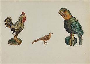 Wooden Rooster, Pheasant, and Parrot, c. 1937. Creator: Victor F. Muollo.