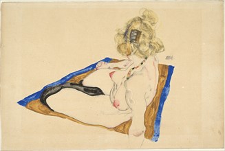 Blonde nude seated on a brown rug with a blue border , 1912. Creator: Schiele, Egon (1890-1918).