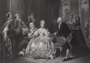 Christoph Willibald Gluck hands Queen Marie Antoinette the score of the opera..., at Trianon. Creator: Hamman, Edouard Jean Conrad (1819-1888).