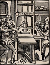 Prelum Ascensianum: printer's device with the printing press at work, 1508. Creator: Badius (Badius Ascensius), Jodocus (1462-1535).