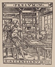 Prelum Ascensianum: printer's device with the printing press at work, First quarter of 16th cen. Creator: Anonymous.