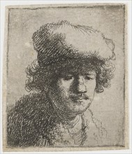 Self-portrait with cap pulled forward, c.1630. Creator: Rembrandt van Rhijn (1606-1669).