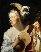 Woman Playing the Guitar , 1624. Creator: Honthorst, Gerrit, van (1590-1656).