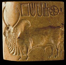 Zebu Bull Seal with Indus Script Found at Mohenjo Daro, Indus Valley , 3rd millenium BC. Creator: Indus Valley Civilisation.