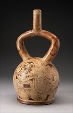 Stirrup Spout Vessel with Fineline Warriors Holding Ribbon Motif, 100 B.C./A.D. 500. Creator: Unknown.