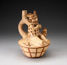 Vessel with a Figure Drinking from Cup, with Small Warrior and Dog, 100 B.C./A.D. 500. Creator: Unknown.