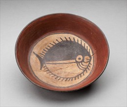 Plate Depicting Round Black-and-White Fish in Interior, 180 B.C./A.D. 500. Creator: Unknown.