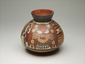 Collared Jar Depicting Costumed Ritual Performer Holding Checkerboard Staff, 180 B.C./A.D. 500. Creator: Unknown.