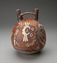 Double Spout and Bridge Vessel Depicting Costumed Performer with Snake Headdress, 180 BC/AD 500. Creator: Unknown.