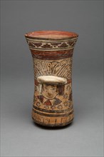 Beaker with Modeled Head Surrounded by Painted Abstract Motifs, 180 B.C./A.D. 500. Creator: Unknown.