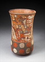 Beaker Depicting Warriors Holding Feathered Staffs with Regalia, 180 B.C./A.D. 500. Creator: Unknown.