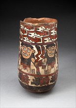 Beaker Depicting Rows of Figures Holdings Staffs or Plants with Geometric Motifs, 180 B.C./A.D. 500. Creator: Unknown.