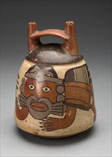 Double Spout Vessel Depicting Costumed Figure with Bird Attributes, Holding a Staff, 180 B.C./A.D. 5 Creator: Unknown.