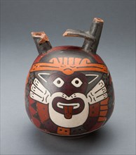 Bridge Vessel Depicting Costumed Ritual Performer Wearing Feline Mask, 180 B.C./A.D. 500. Creator: Unknown.