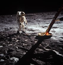 Buzz Aldrin by the leg of the Lunar Module, Apollo II mission, July 1969.  Creator: Neil Armstrong.