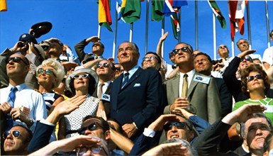 Spiro Agnew and Lyndon Johnson Watch the Apollo 11 Lift off, Florida, USA, 1969.  Creator: NASA.