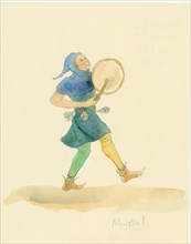 A medieval minstrel playing a percussion instrument, possibly a tabor, 2004. Creator: Judith Dobie.