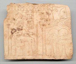 Artist's Trial Piece: Hathor in Shrine, Offerings, Ox Head, Egypt, Late Period, Dynasty 26 (664-525  Creator: Unknown.