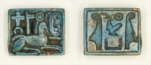 Plaque: Sphinx with Cartouche/Maatkare Flanked by Feathers, Egypt, New Kingdom, Dynasty 18... Creator: Unknown.