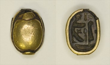 Scarab: Hieroglyphs and Figures (Re-Harakhti, nb- and ma'at signs), Egypt, New Kingdom... Creator: Unknown.