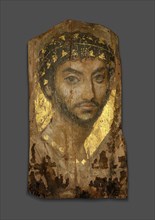 Mummy Portrait of a Man Wearing an Ivy Wreath, Fayum, Early to mid-2nd century. Creator: Unknown.