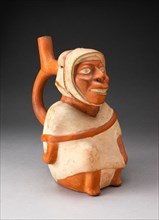 Handle Spout Vessel in the Form of a Seated Man Carrying a Bag, 100 B.C./A.D. 500. Creator: Unknown.