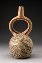 Stirrup Spout Vessel with Fineline Mythical Battle Scene, 100 B.C./A.D. 500. Creator: Unknown.