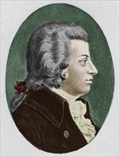 'Mozart.', 1895. Wolfgang Amadeus Mozart (1756-1791), German classical composer. From "The Musical Educator, Volume II" by John Greig, M.A., Mus. Doc. [T. C. & E. C. Jack, Edinburgh, 1895.]. (Colorise...