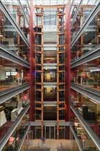 New Broadcasting House, Portland Place, Marylebone, London. 2016. Interior view of the new extension to the BBC radio studios building, showing its atrium from the north.