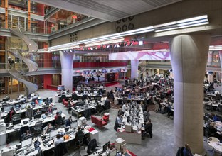 Main newsroom, New Broadcasting House, Portland Place, Marylebone, London, 2016. Interior view of the new extension to the BBC radio studios building, looking across the main newsroom from the north.