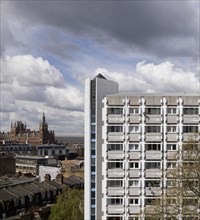 Stelfox House, Weston Rise Estate, Penton Rise, Pentonville, Islington, London, 2016. General view of the south end of the estate's south block, Stelfox House, showing its upper storeys from the south...