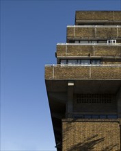 The Royal Borough of Kensington and Chelsea Depot, London, 2016. Detail of the Pembroke Road side of the council depot and housing, looking up at the east end of its upper terraces of flats.