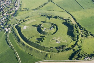 Old Sarum, a multi period site comprising Iron Age hillfort, Romano British occupation, a Saxon burh, a Norman motte and bailey castle and a cathedral, near Salisbury, Wiltshire, 2017.