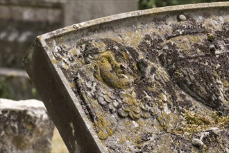 Gravestone in the churchyard of St John the Baptist's Church, Elmore, Gloucestershire, 2018. Detail of a tilting gravestone in the churchyard, showing moss and lichen growth on a carved relief of a ch...