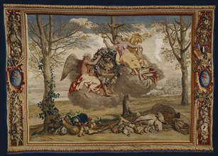 Winter, from The Seasons, Paris, 1700/20. Saturn (god of agriculture and time) and Juventas (cupbearer to the gods on Mount Olympus) floating on a cloud. Below are winter vegetables, a gun, nets and g...
