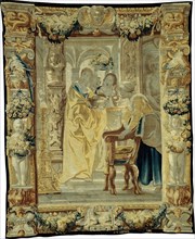 Tapestry (Four Servants), Flanders, c. 1650. Girl Offering Gifts, part of Telemachus Leading Theoclymenus to Penelope, from The Story of Odysseus. Woven at the workshop of Jan van Leefdael, after a de...