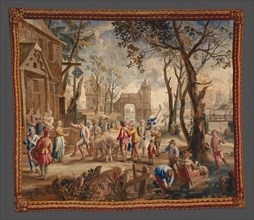 Procession of the Fat Ox from a Teniers Series, Brussels, c. 1725. Villagers prepare to butcher an ox for Shrove Tuesday, while others skate on a frozen canal. Musicians play outside the Sign of the C...