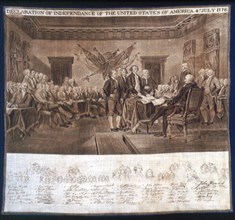 Declaration of Independance handkerchief, United States, c. 1876. 'Declaration of Independance of the Untited States of America 4th July 1776', with list of attendees below. After a painting by John T...
