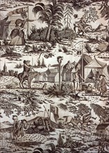 A Visit to the Camp (Furnishing Fabric), England, c. 1785. Humorous scenes with soldiers, horsemen, and a female visitor to a Royal Artillery military camp. After drawings by Henry Bunbury and engravi...