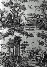 Panel (Furnishing Fabric), Middlesex, 1761. Pastoral scene with peacocks and ruins, one of the earliest examples of patterned fabric produced using copper plate printing. After etchings by Nicolaes Be...