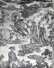 Apotheosis of Franklin (Furnishing Fabric), England, c.1785. Benjamin Franklin with the allegorical figures of America and Liberty. After a mezzotint by Valentine Green, and after a portrait by John T...