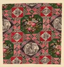Fragment (Furnishing Fabric), England, After 1874. Floral print with vignette scenes from 'The Pickwick Papers' by Charles Dickens. After works by Hablot Knight Brown ('Phiz').