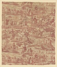 The Travels of Doctor Syntax (Furnishing Fabric), Manchester, c. 1820. The doctor rides a horse, talks to a grave-digger, climbs a tree to escape a bull, and falls over outside a castle. After works b...