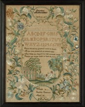 Sampler, Massachusetts, 1822/23. The verse is attributed to the hymn writer John Newton or Isaac Watts. The maker was 14 years old.