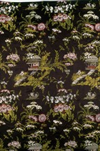 Panel (Furnishing Fabric), France, 1760s. Floral pattern with vignettes of Chinese pavilion. Design in the Style of Jean Baptiste Pillement.