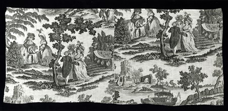 Panel (Furnishing Fabric), Manchester, c. 1780. Women in elaborate hats. Designed and engraved by D. Richards.
